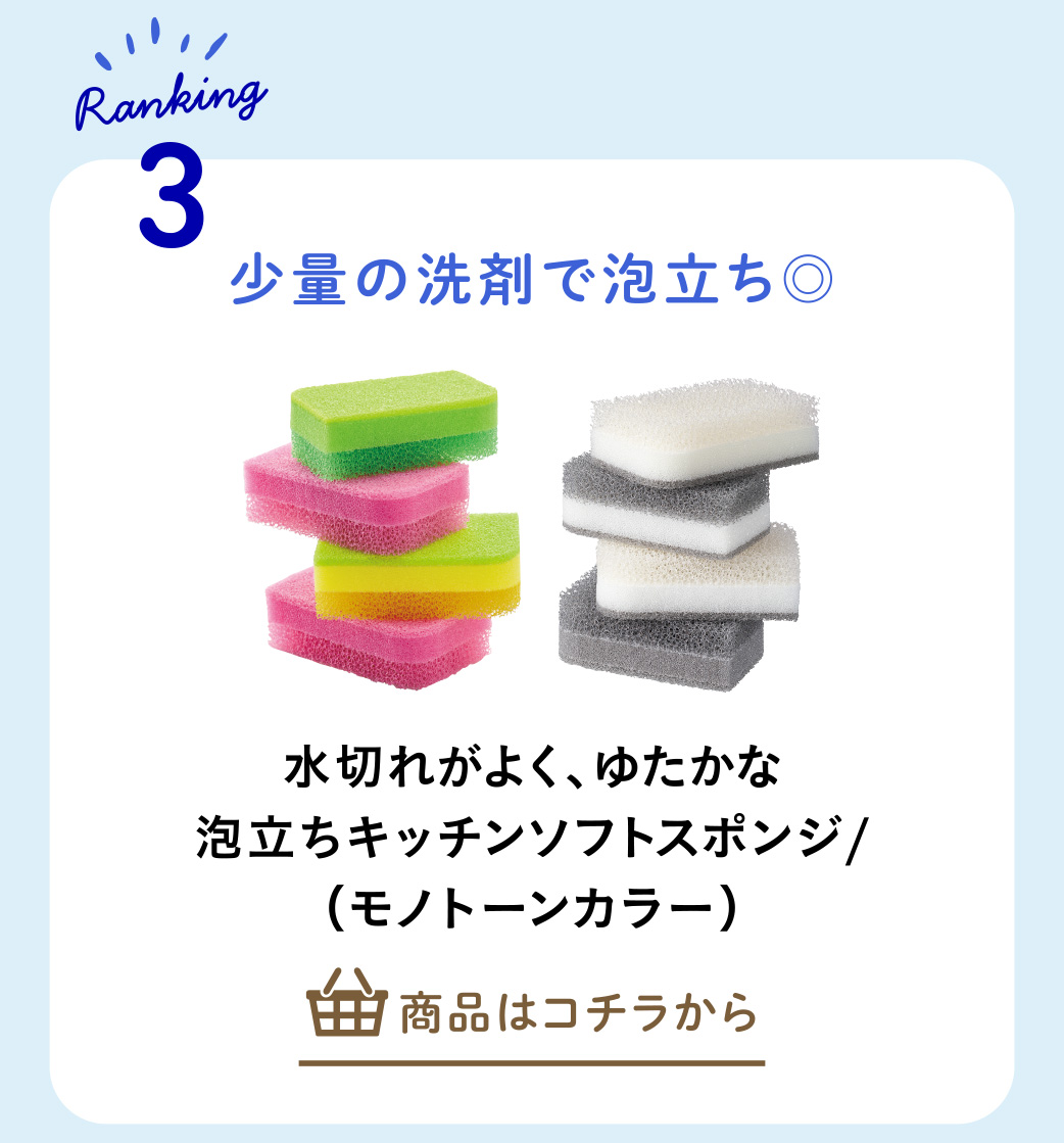 水切れがよく、ゆたかな泡立ちキッチンソフトスポンジなど
